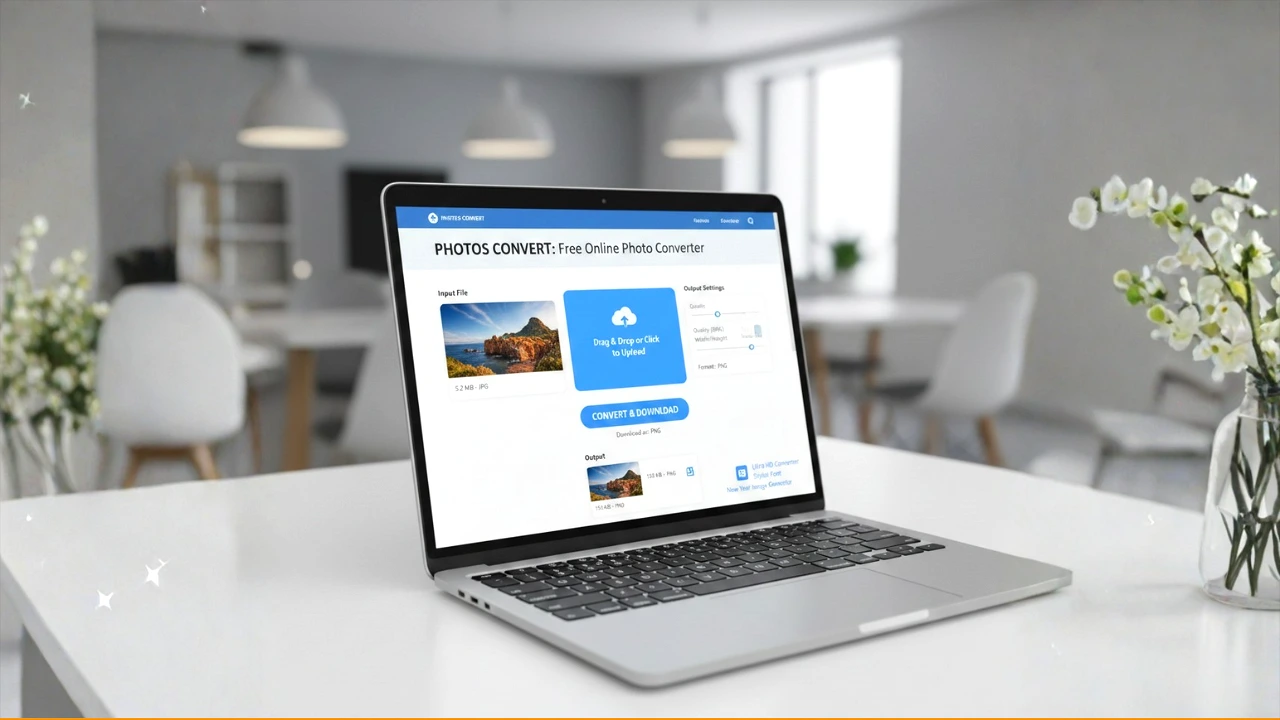 Free online photo converter tool interface shown on a laptop screen with MB to KB conversion details.