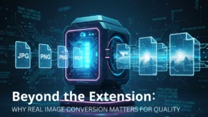 A futuristic digital processor converting JPG, PNG, and WebP files with text overlay 'Beyond the Extension: Why Real Image Conversion Matters for Quality'.
